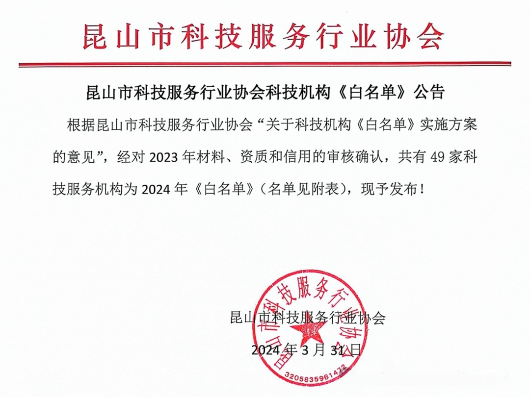 蘇州智為銘略入圍昆山市科技服務行業協會《白名單》企業